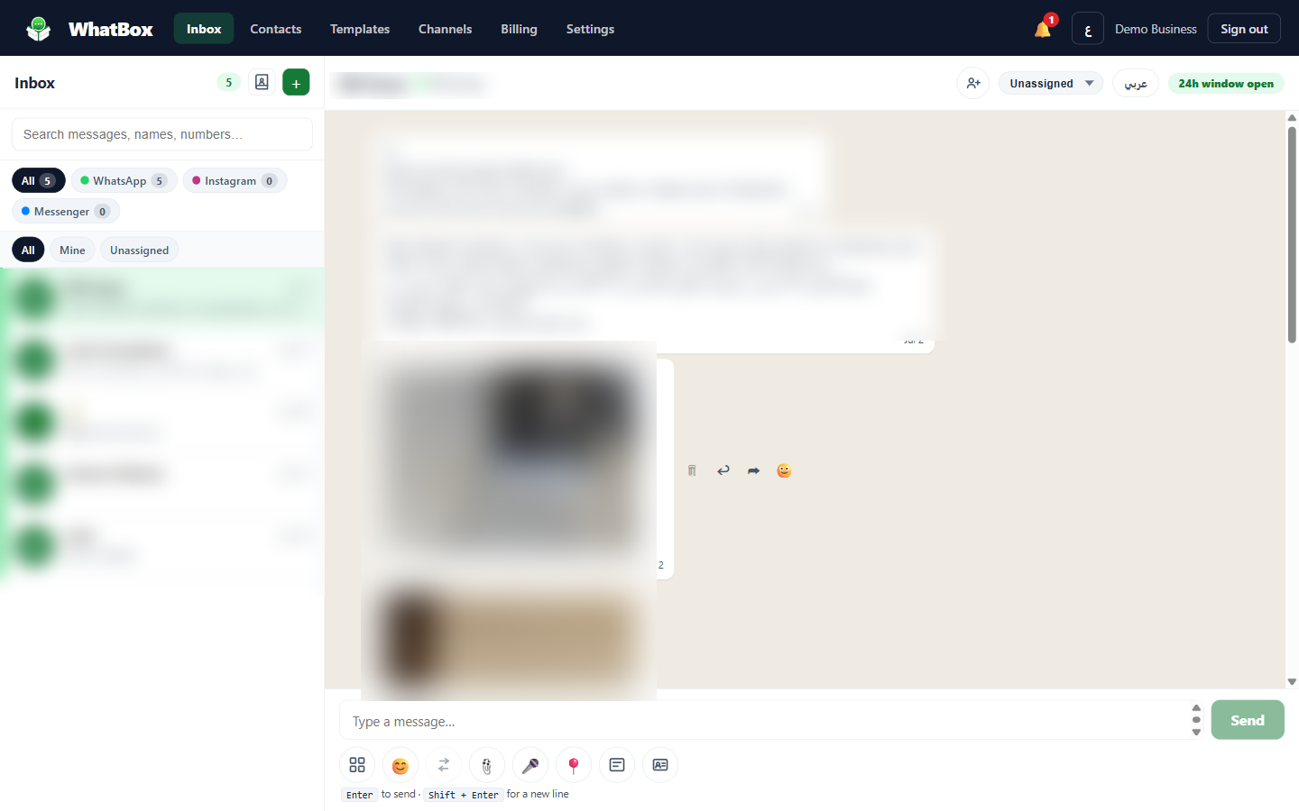 WhatBox unified inbox: a WhatsApp conversation shown in English and Arabic, delivery photos, and the reply composer, with WhatsApp, Instagram and Messenger filters in the sidebar.